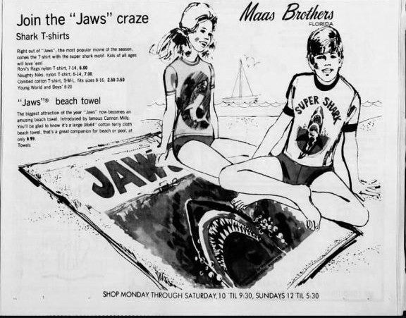 hand drawn concept of a department store advert for jaws tshirts super shark tshirt