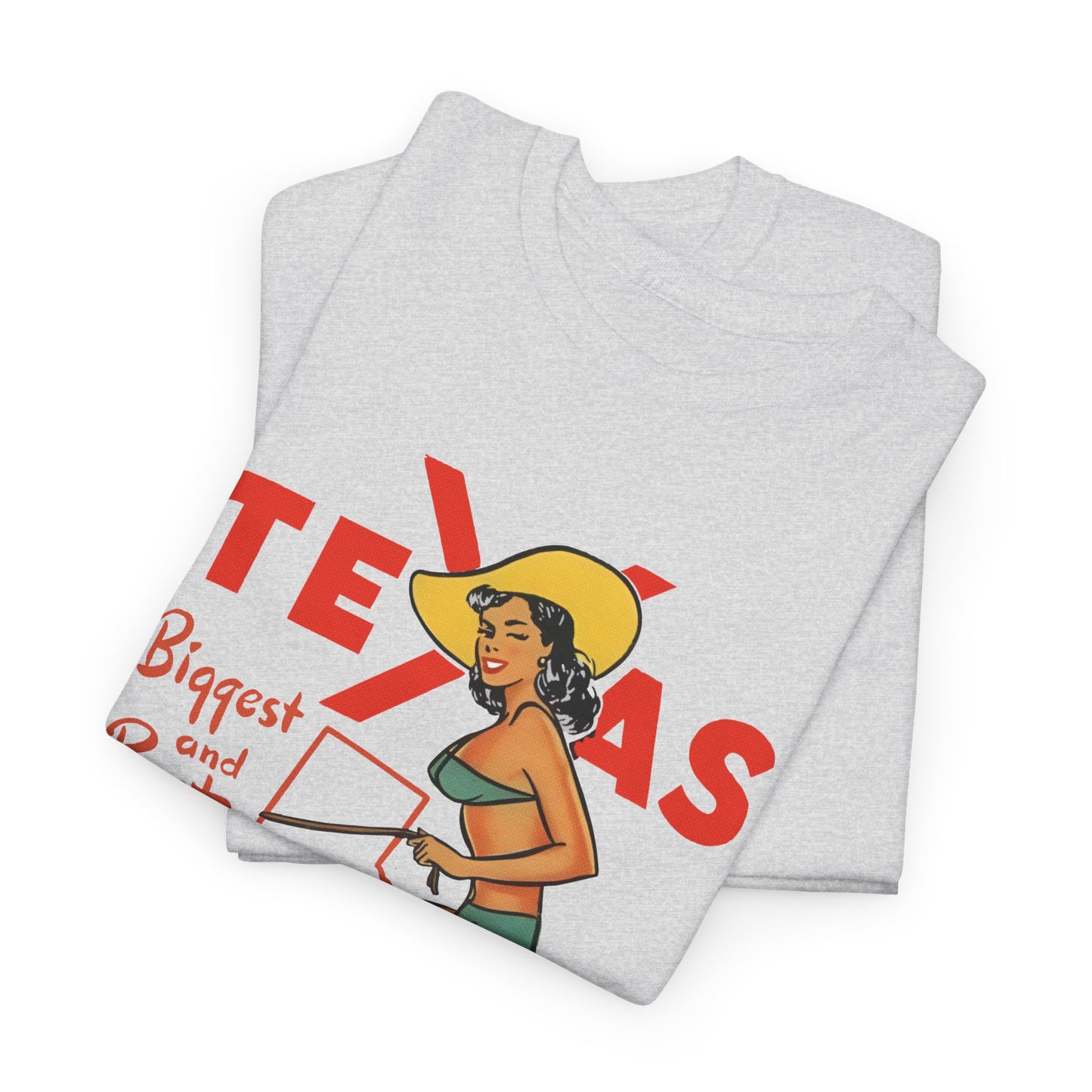 mid twentieth century texas biggest and best cowgirl pin up art reproduction tshirt