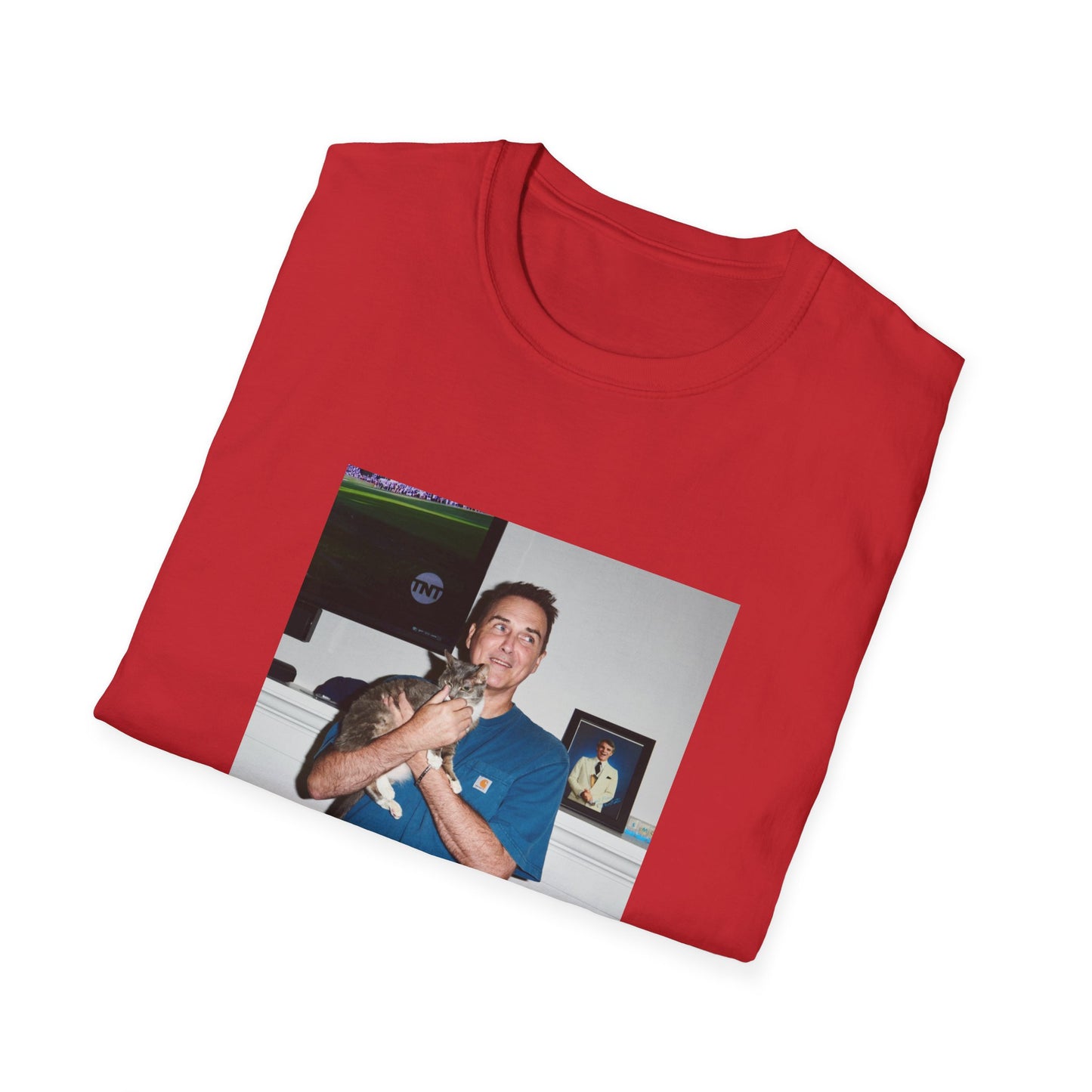 norm macdonald and his cat in front of a framed picture of steve martin close up tshirt