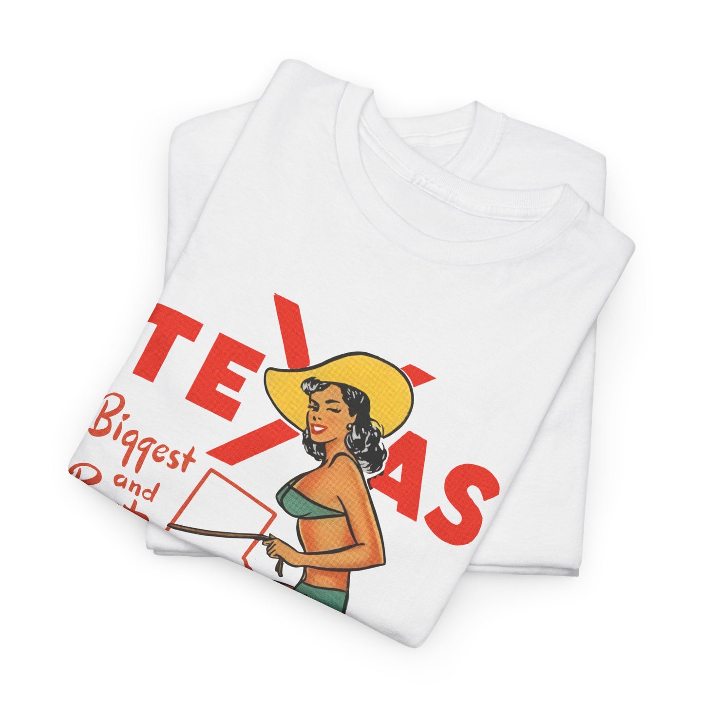 mid twentieth century texas biggest and best cowgirl pin up art reproduction tshirt