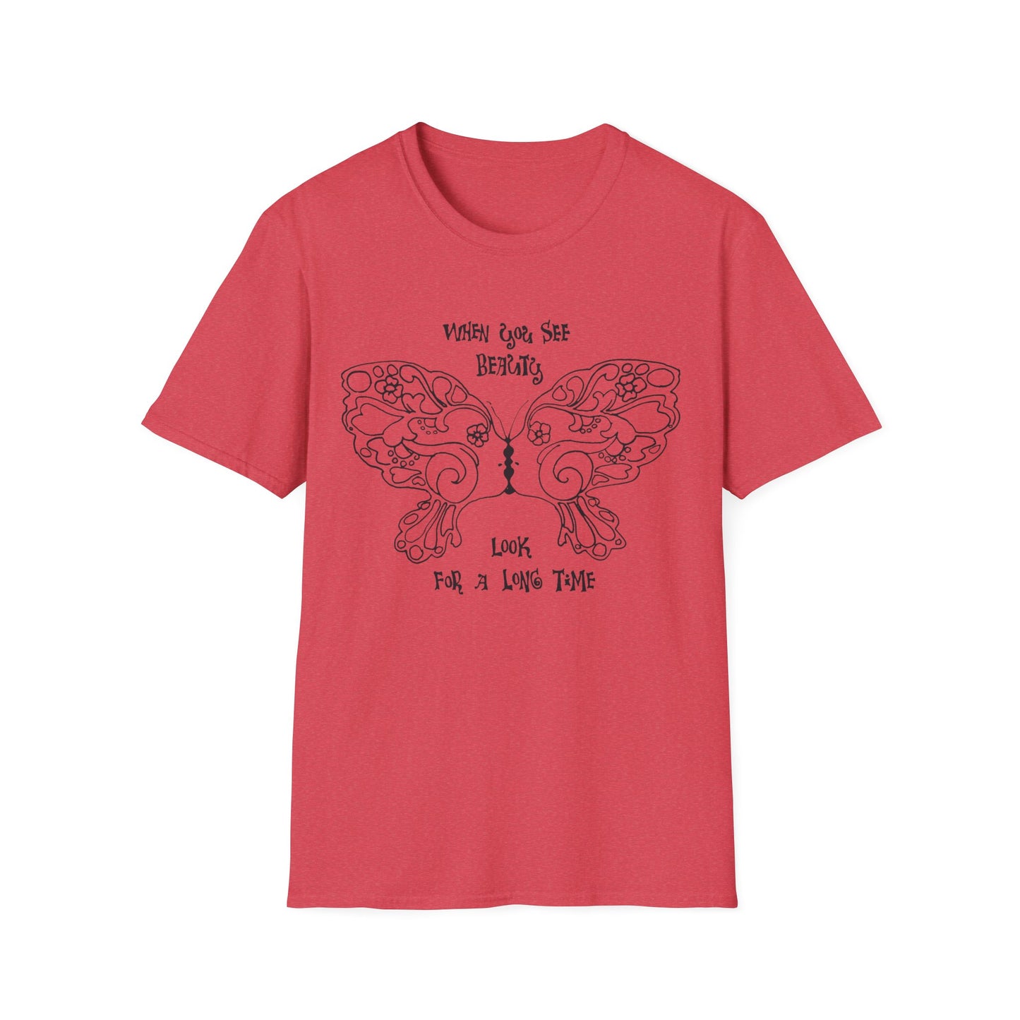 1971 illustration for the LA free press reproduction tshirt "when you see beauty look for a long time"