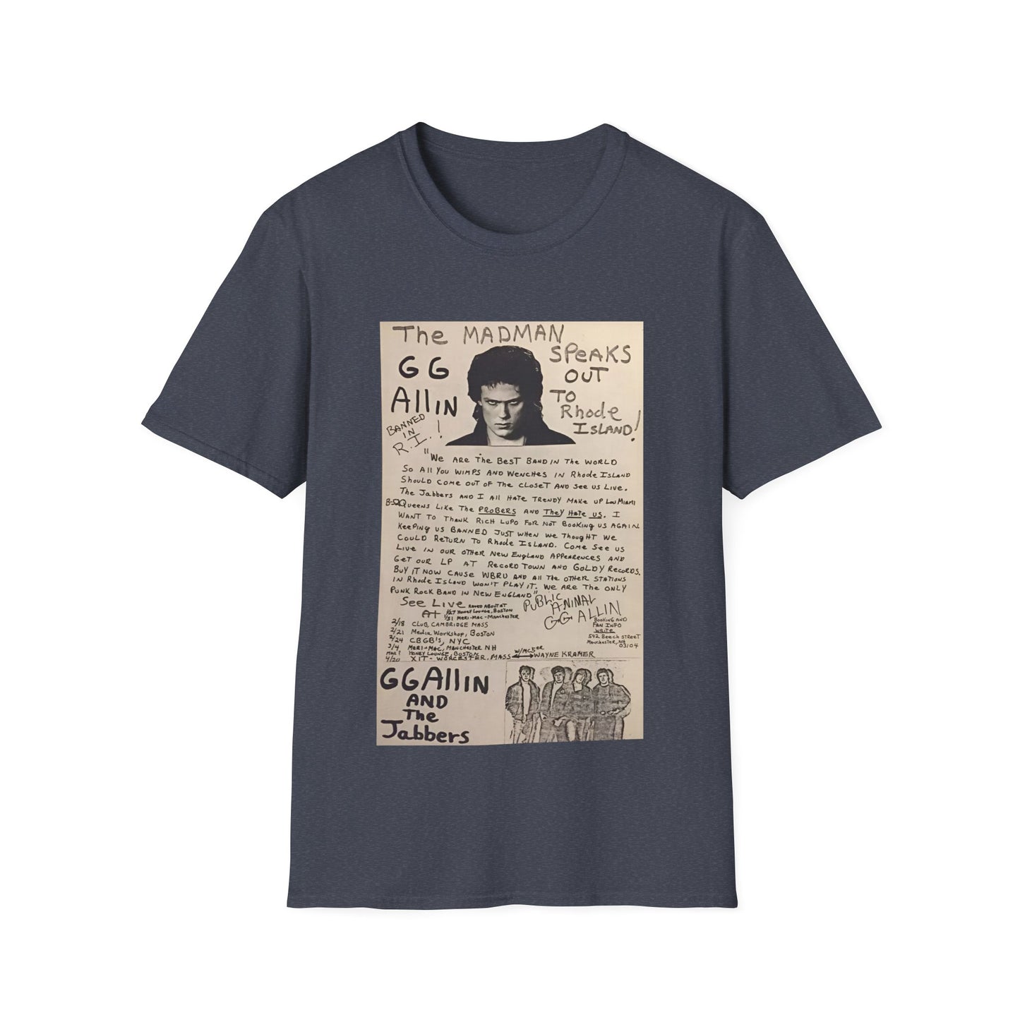 1982 show poster tshirt gg allin and the jabbers