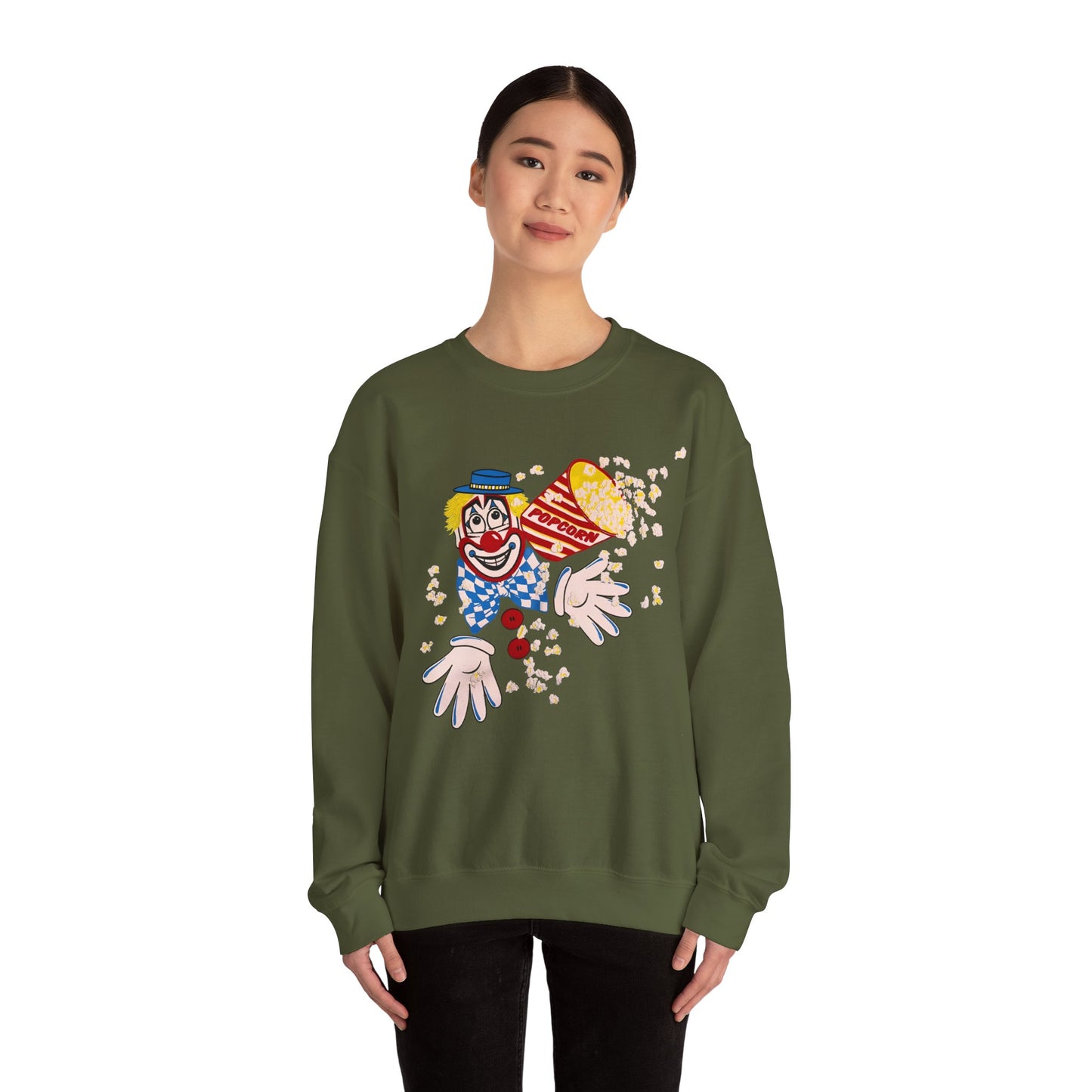 vintage 1980s popcorn clown graphic on a unisex heavy blend crewneck sweatshirt