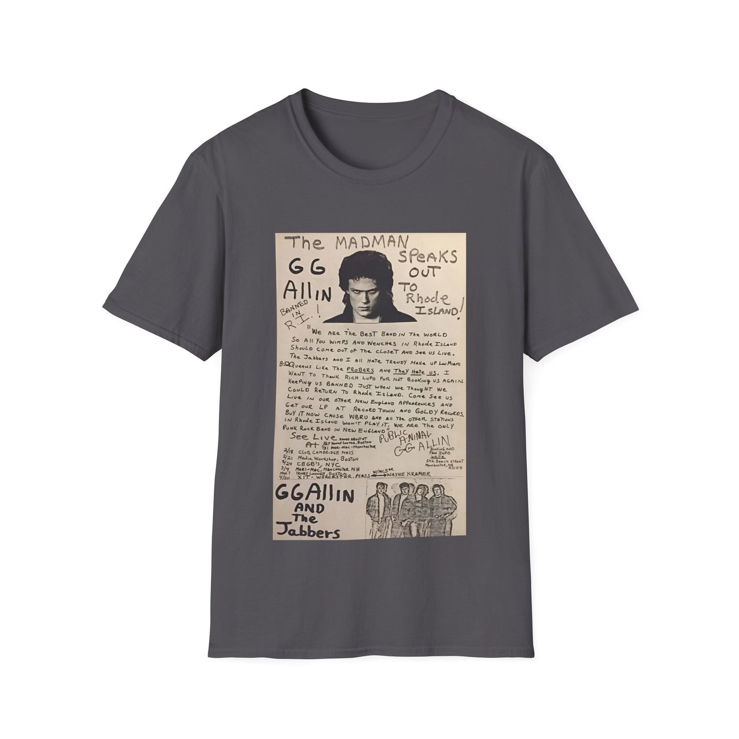 1982 show poster tshirt gg allin and the jabbers