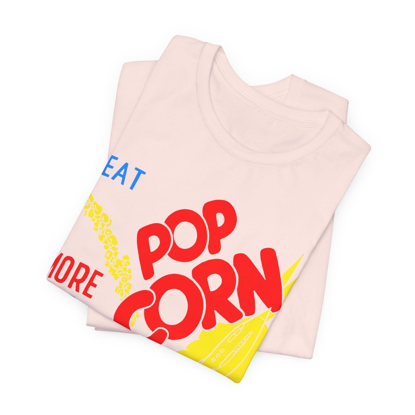 1950s coloured popcorn box logo "eat popcorn more and more and more out of this world!" on a new unisex softstyle tshirt