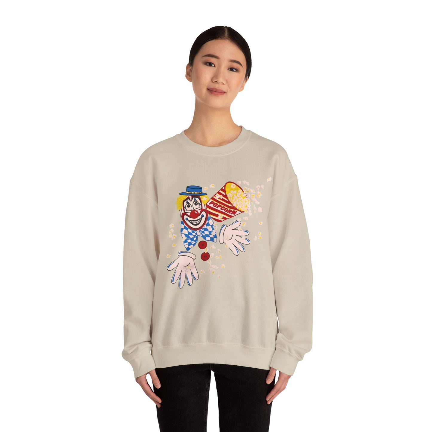 vintage 1980s popcorn clown graphic on a unisex heavy blend crewneck sweatshirt