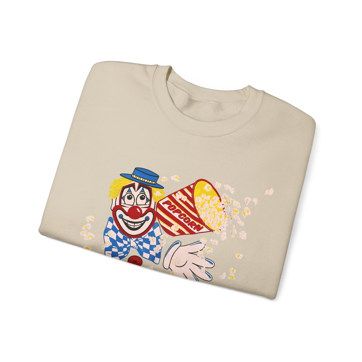 vintage 1980s popcorn clown graphic on a unisex heavy blend crewneck sweatshirt