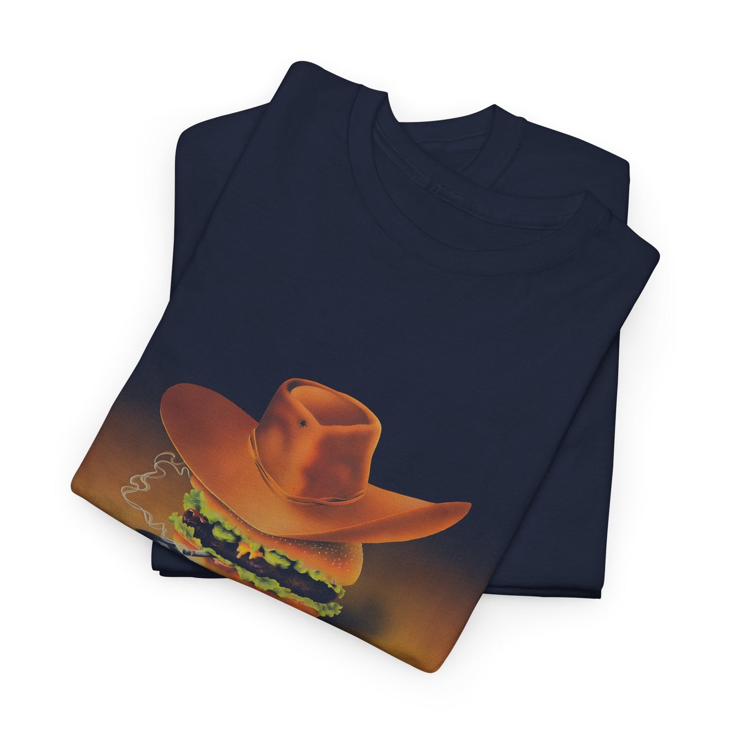 1980s airbrush style cowboy burger tshirt