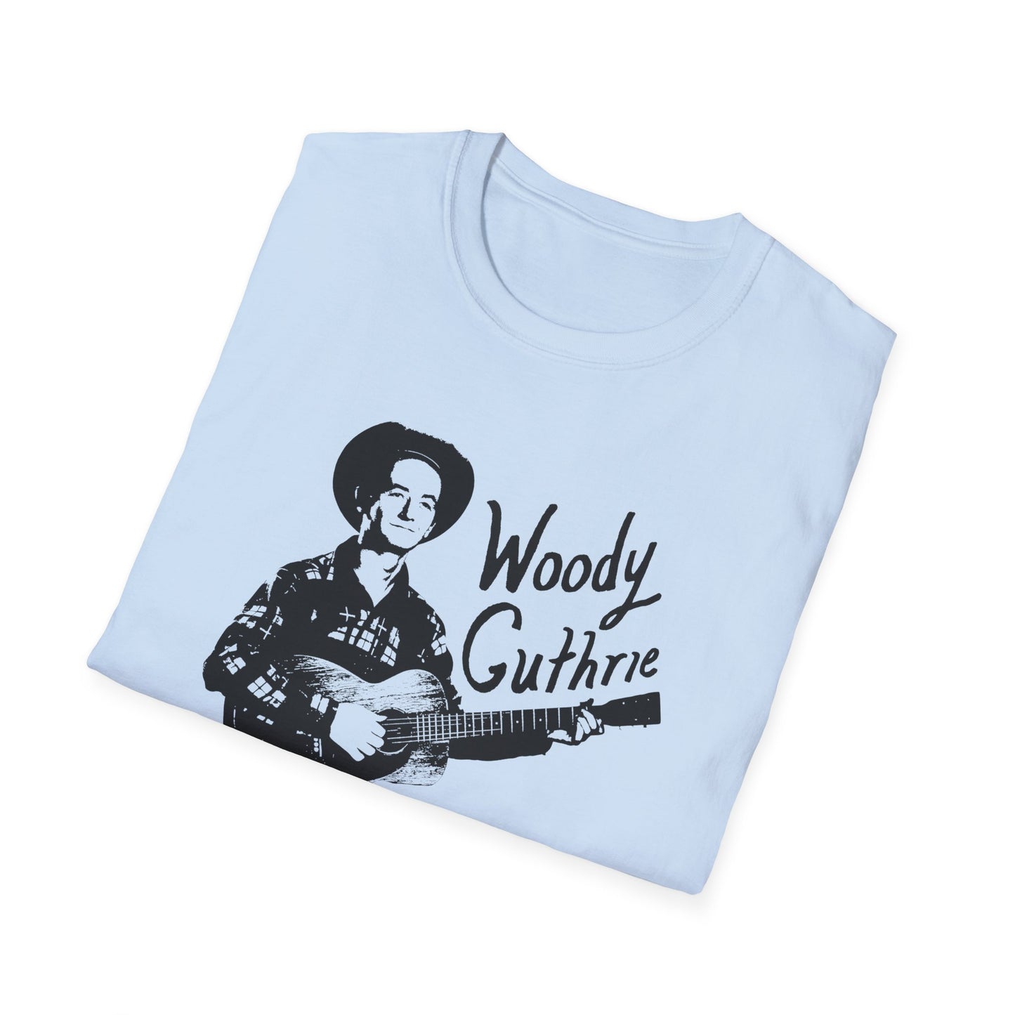 woody guthrie playing his guitar fan art tshirt