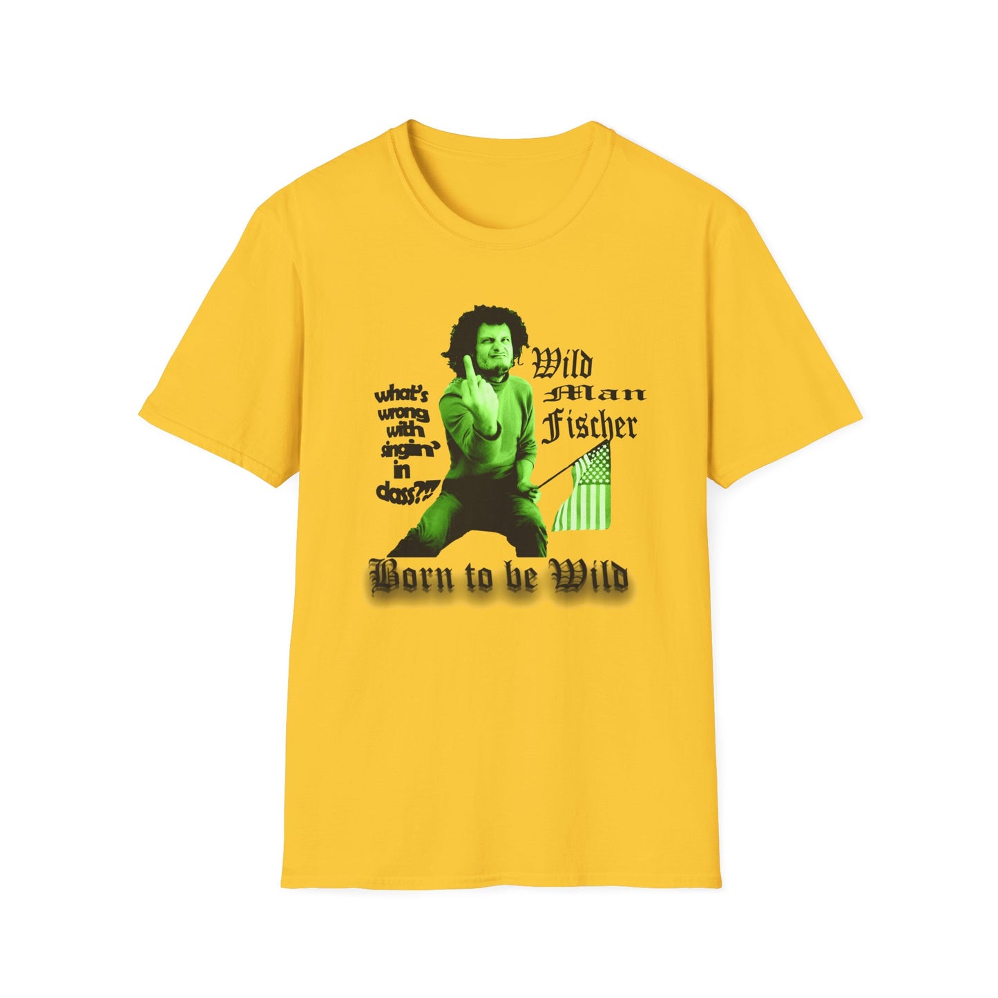 wild man fischer middle finger in green tshirt