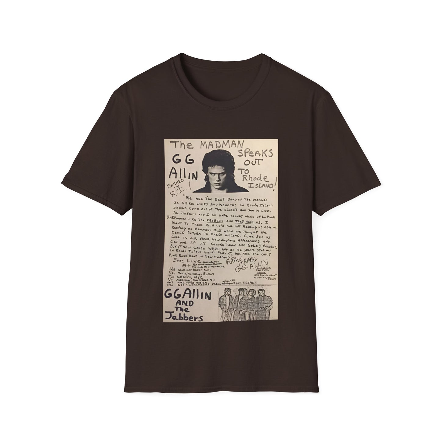 1982 show poster tshirt gg allin and the jabbers