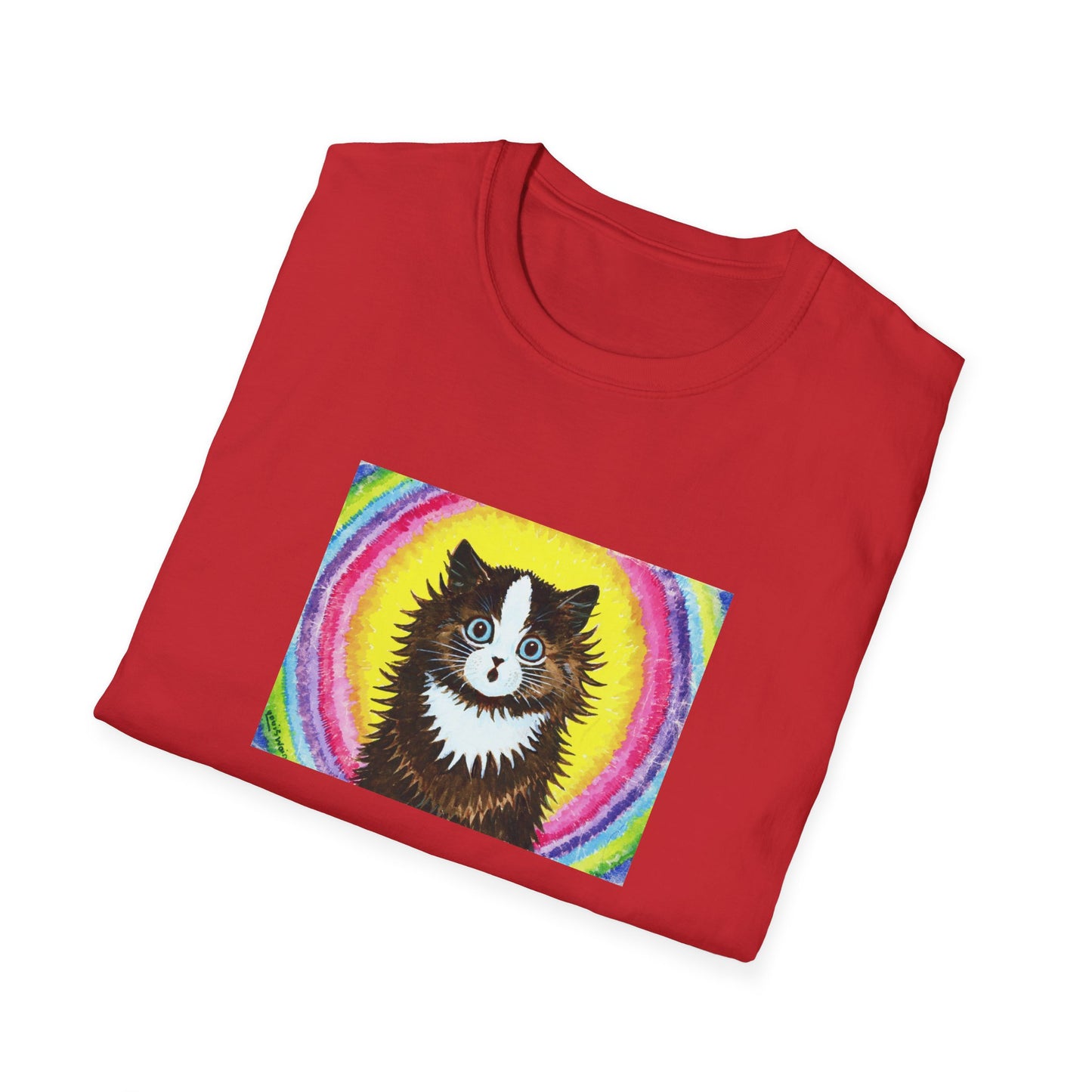 louis wain cat in a rainbow watercolour and gouache on paper reproduction tshirt