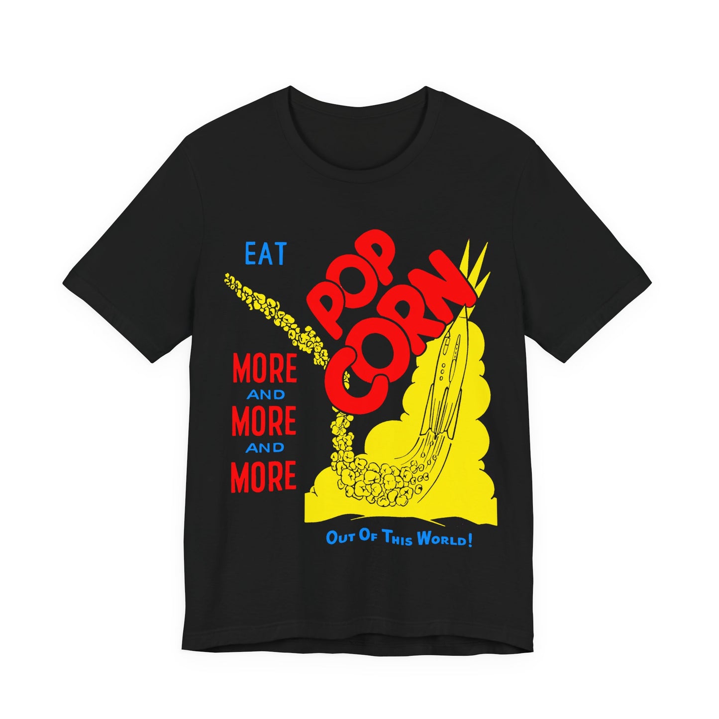 1950s coloured popcorn box logo "eat popcorn more and more and more out of this world!" on a new unisex softstyle tshirt