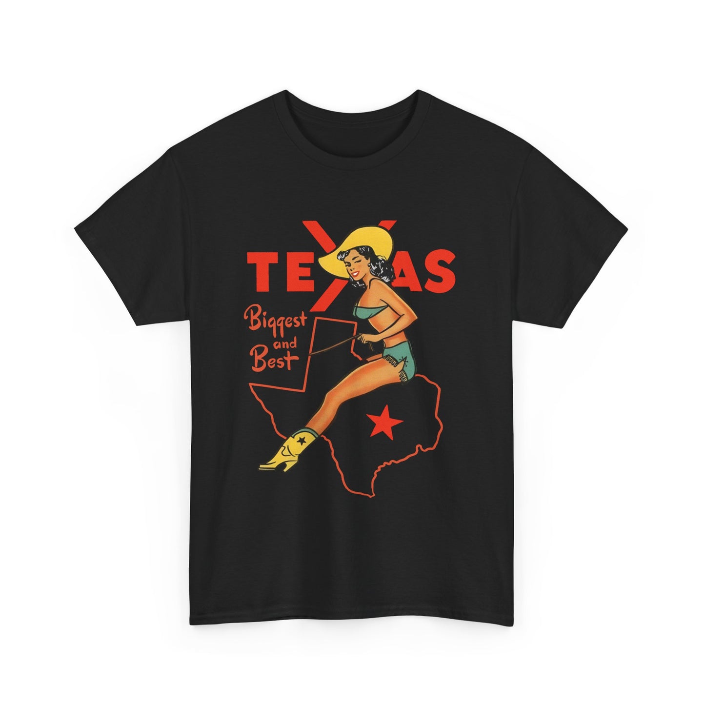 mid twentieth century texas biggest and best cowgirl pin up art reproduction tshirt