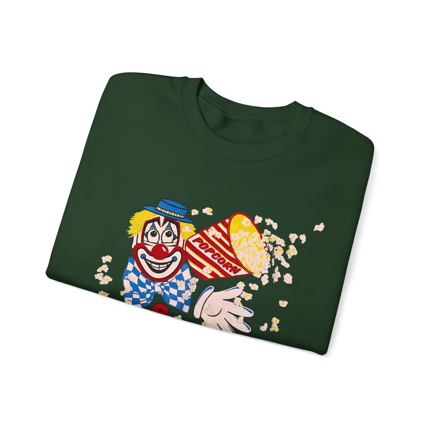 vintage 1980s popcorn clown graphic on a unisex heavy blend crewneck sweatshirt