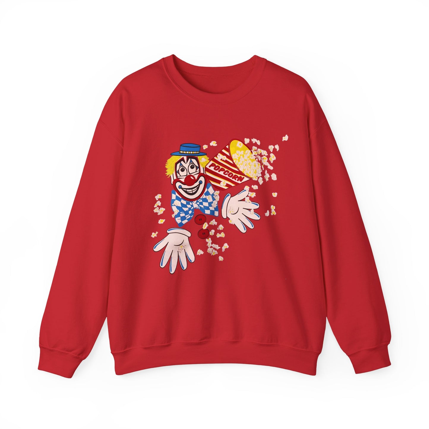 vintage 1980s popcorn clown graphic on a unisex heavy blend crewneck sweatshirt