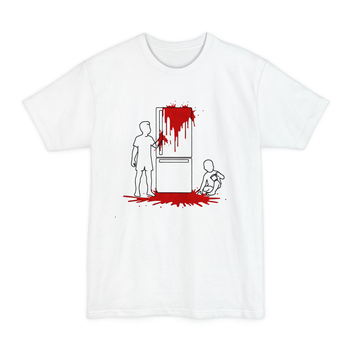oversized weird kitchen scene with blood on a fridge tall beefy longline tshirt