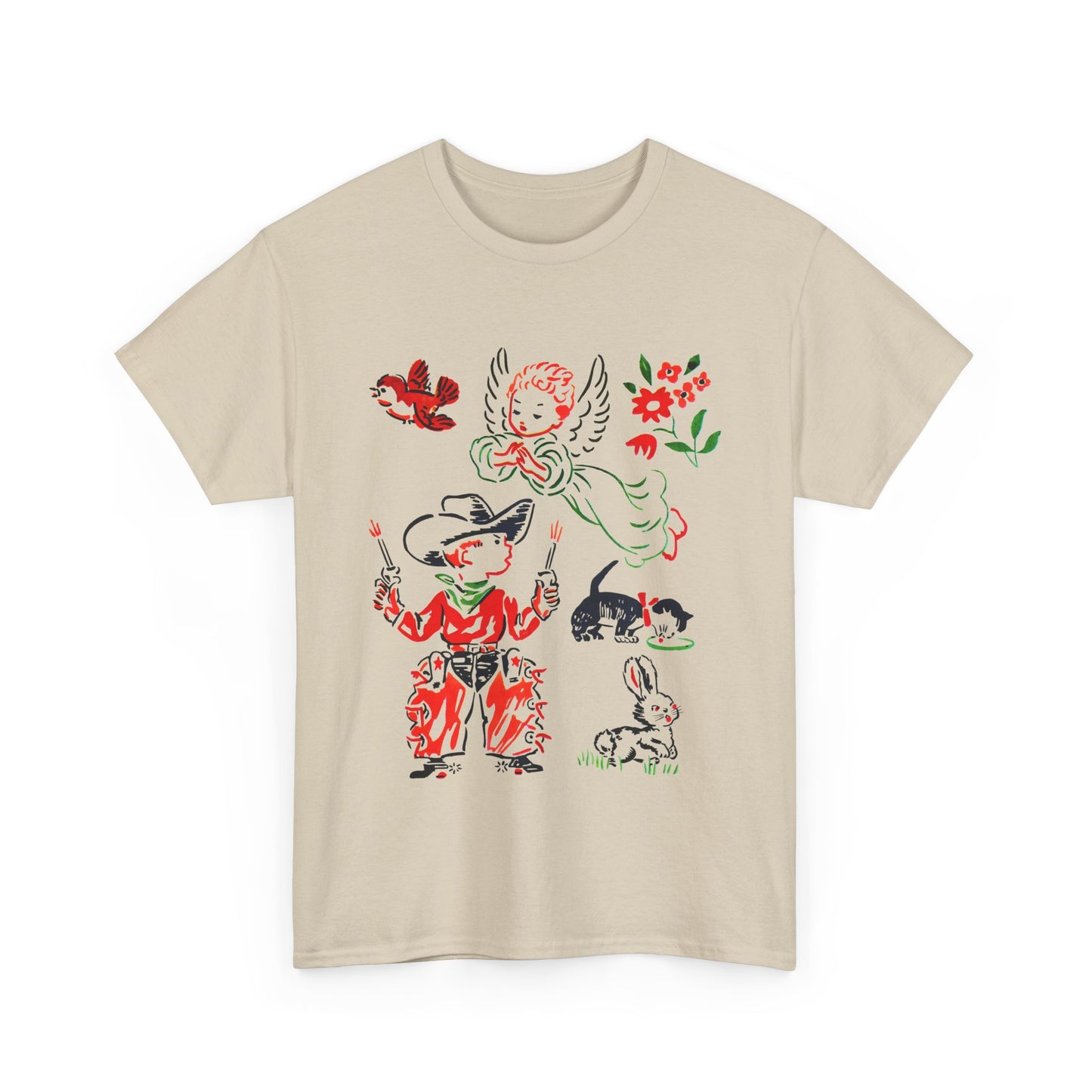 mid twentieth century vintage cowboy and angel rare graphic reproduction tshirt