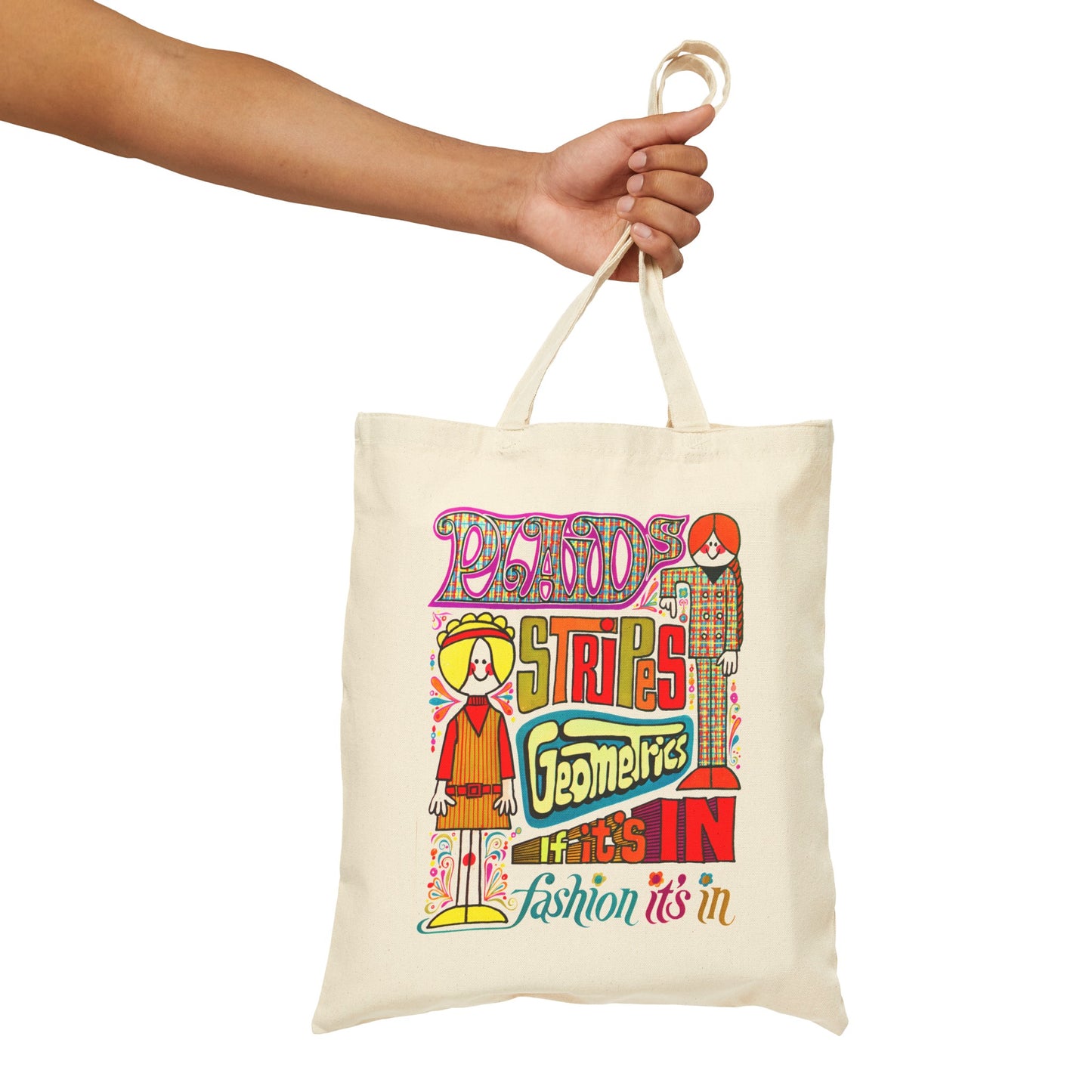 late 1960s "fashion it's in" advertisement for plaids, stripes, and geometrics on a cotton canvas tote bag whatmart