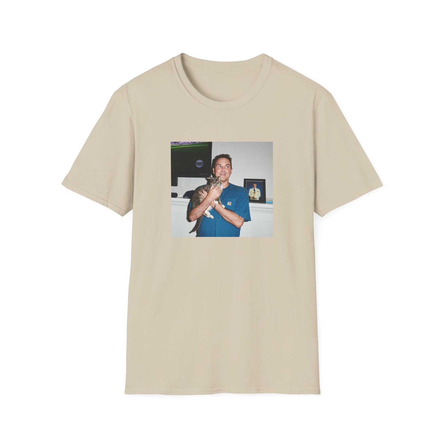 norm macdonald and his cat in front of a framed picture of steve martin close up tshirt