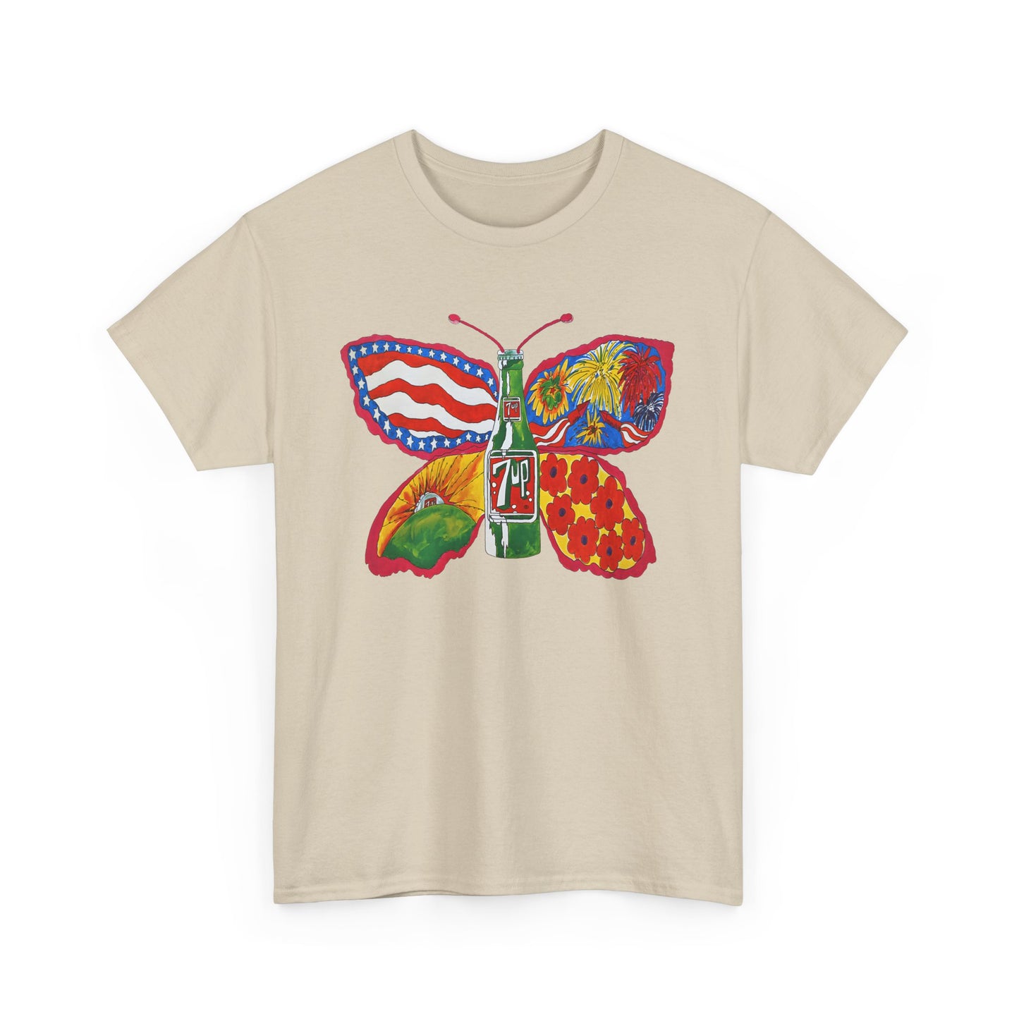 1971 psychedelic ad for 7 up butterfly and bottle reproduction custom edit tshirt