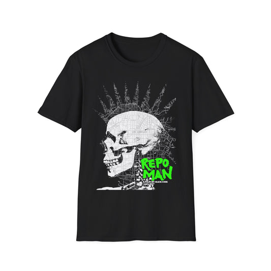 repo man skull punk in black and white with green letters tshirt