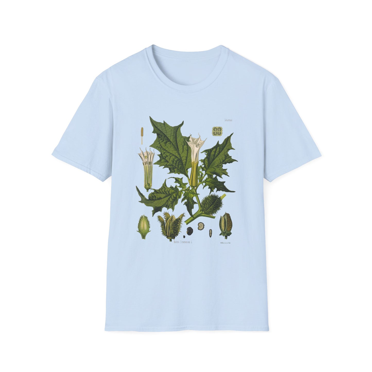 1887 botanical print from kohler's plants by hermann adolph kohler featuring datura the devil's trumpet tshirt