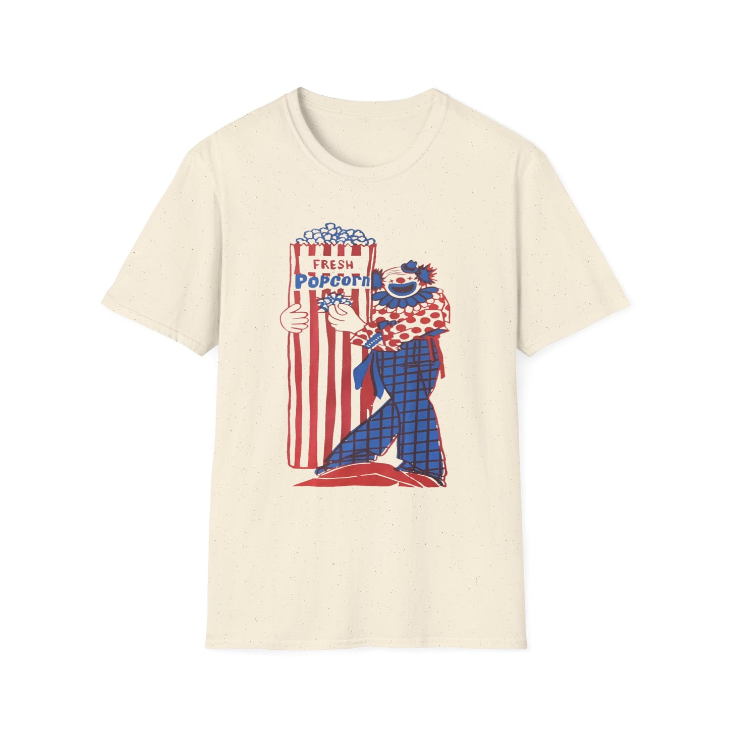 1960s popcorn box logo with a clown mascot tshirt