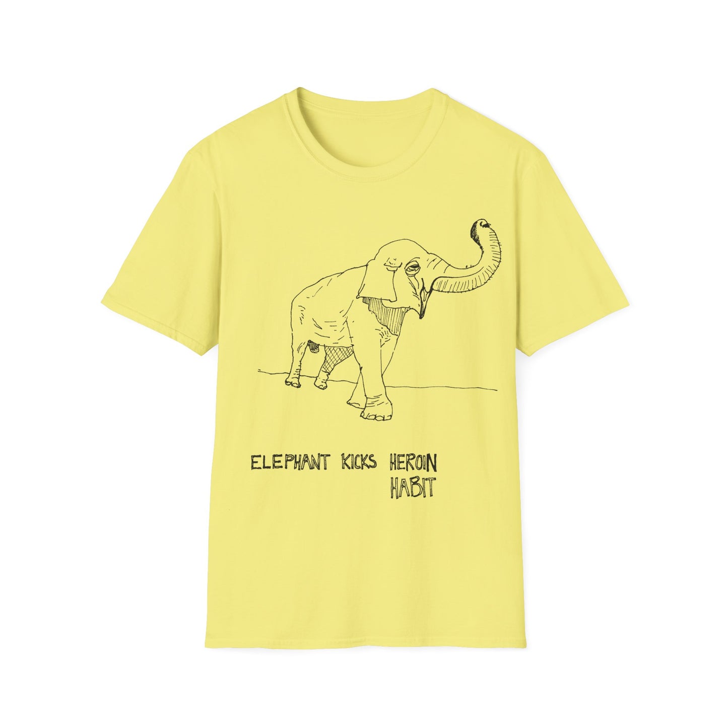 elephant kicks heroin habit original drawing tshirt. reference to xiguang the elephant