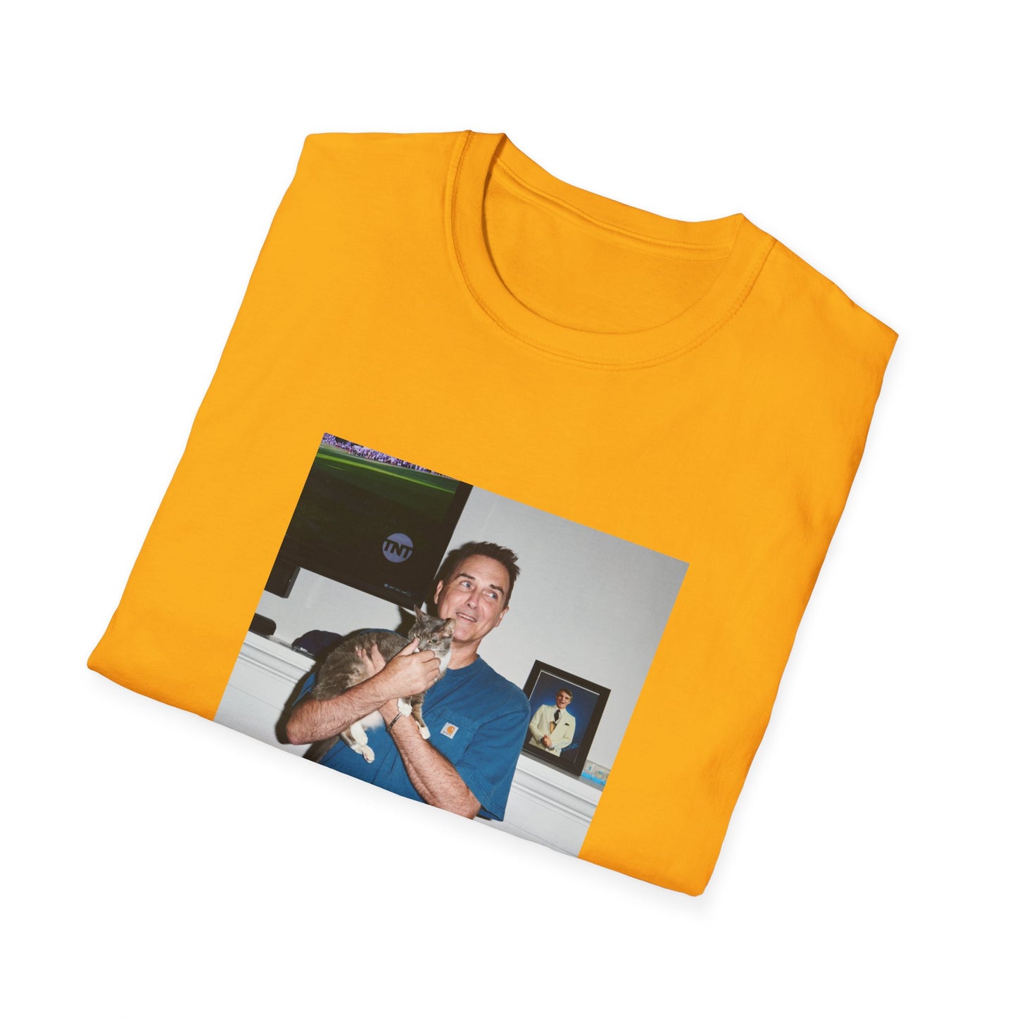 norm macdonald and his cat in front of a framed picture of steve martin close up tshirt