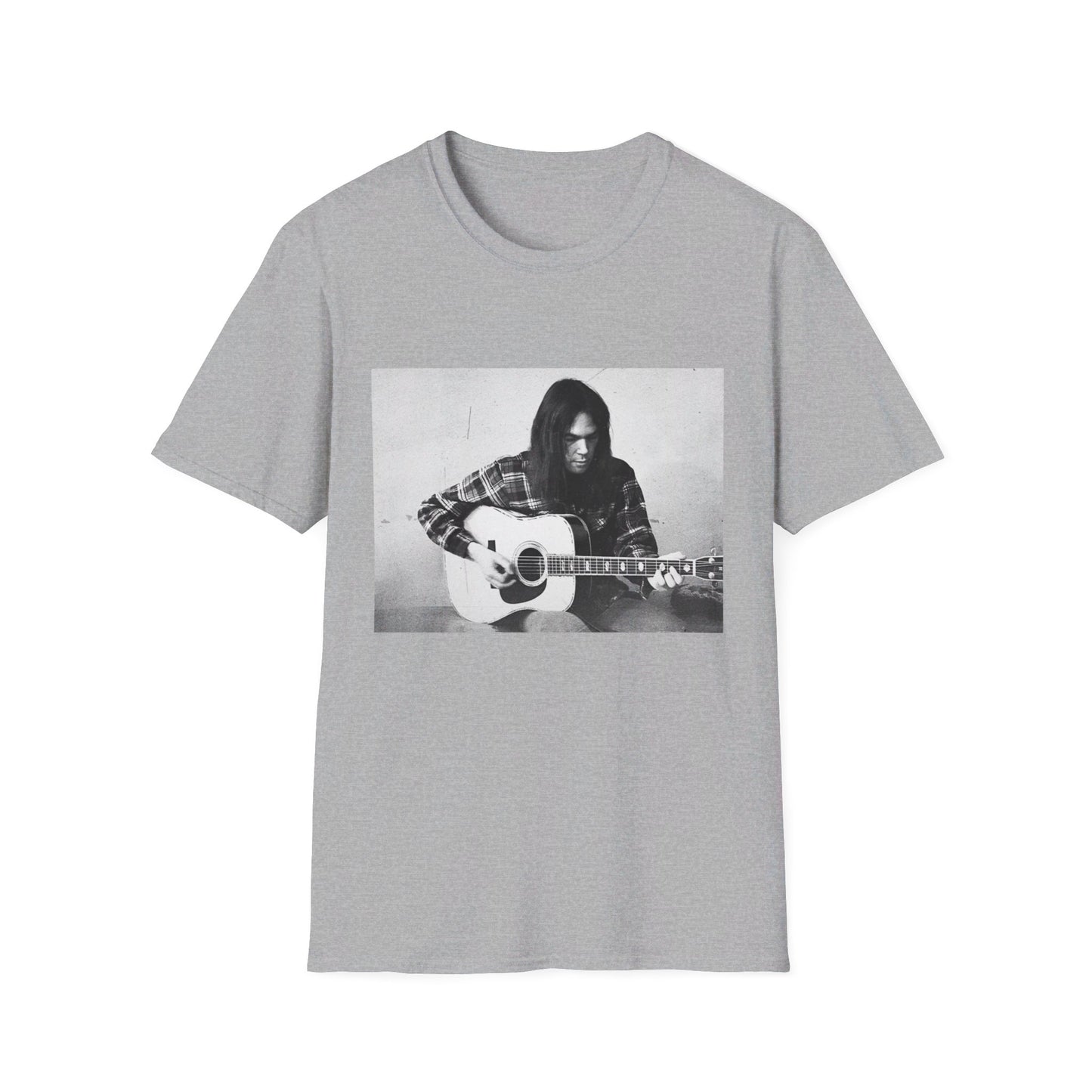 photo of a young neil young playing his acoustic guitar tshirt