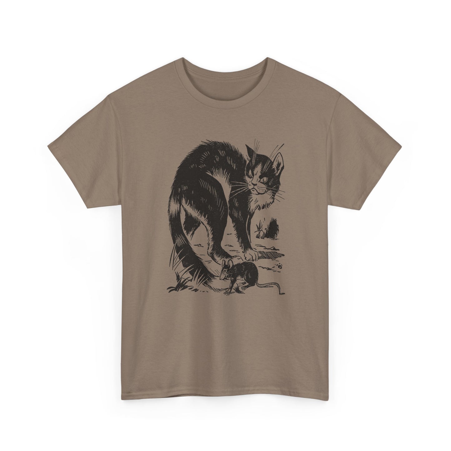 vintage french children's book illustration of angry cat and happy mouse reproduction tshirt
