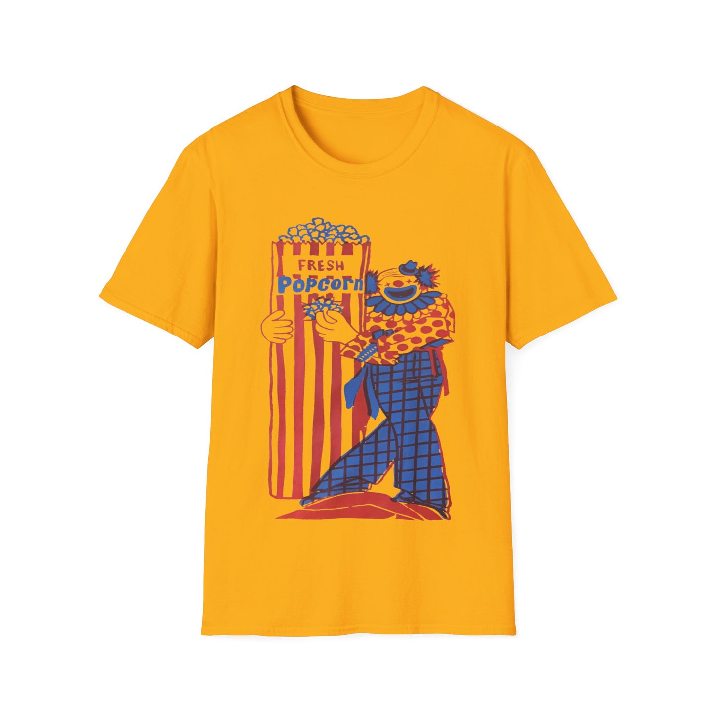 1960s popcorn box logo with a clown mascot tshirt