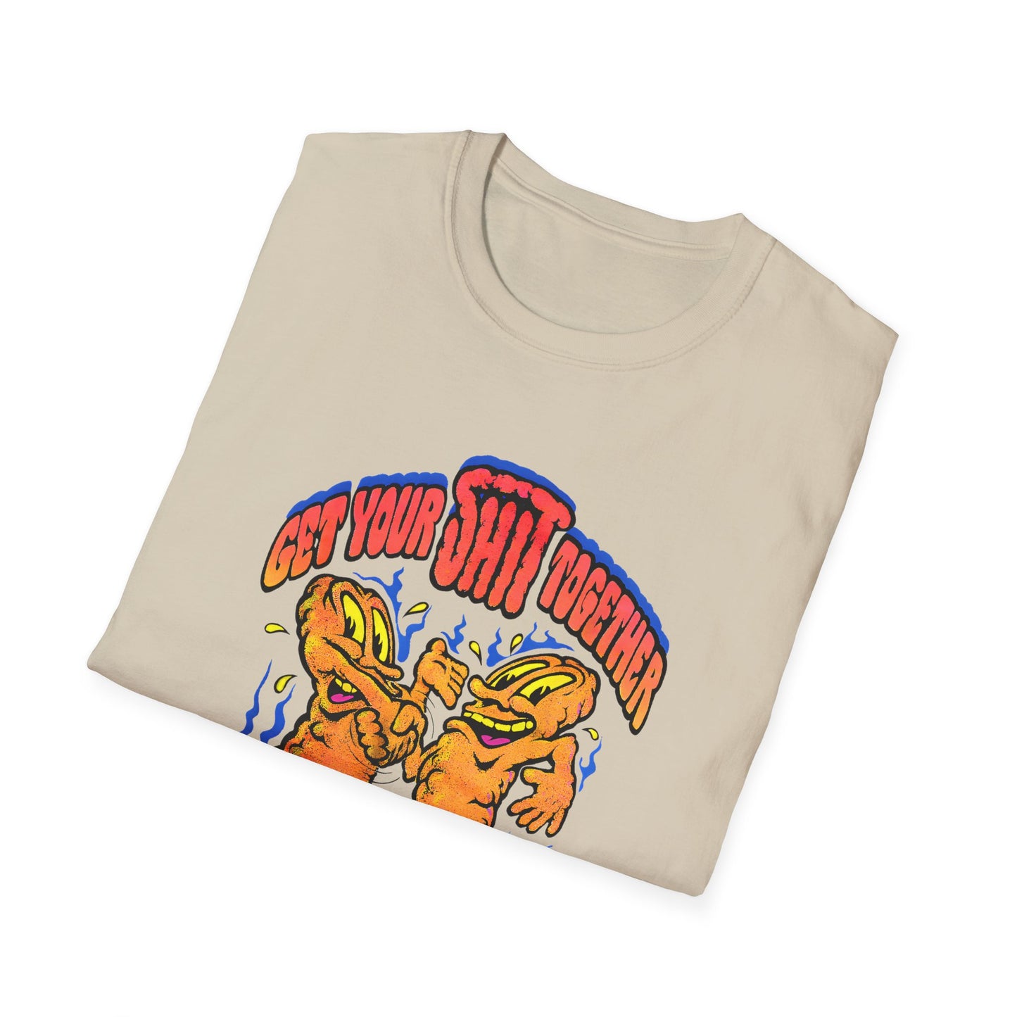 1970s graphic get your shit together two shits shaking hands tshirt