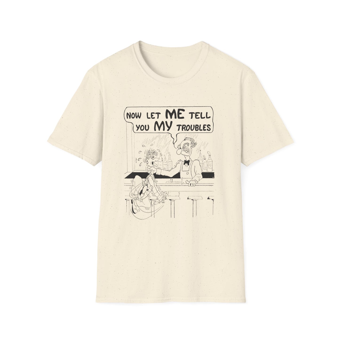 vintage postcard comic now let me tell you my troubles bartender tshirt