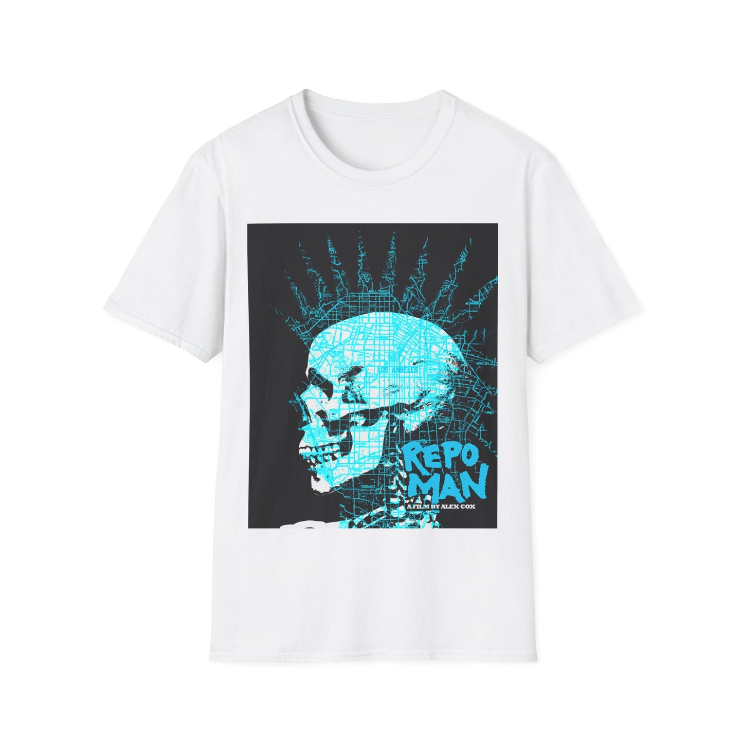 repo man skull punk in blue tshirt