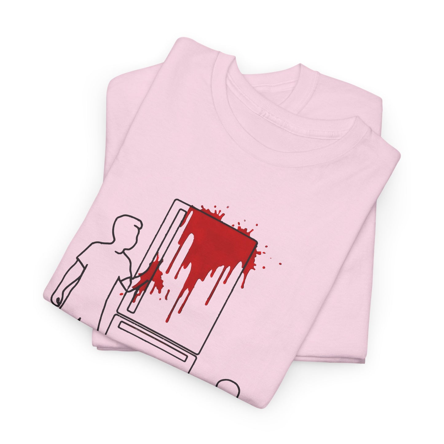 weird kitchen scene with ketchup on a fridge tshirt
