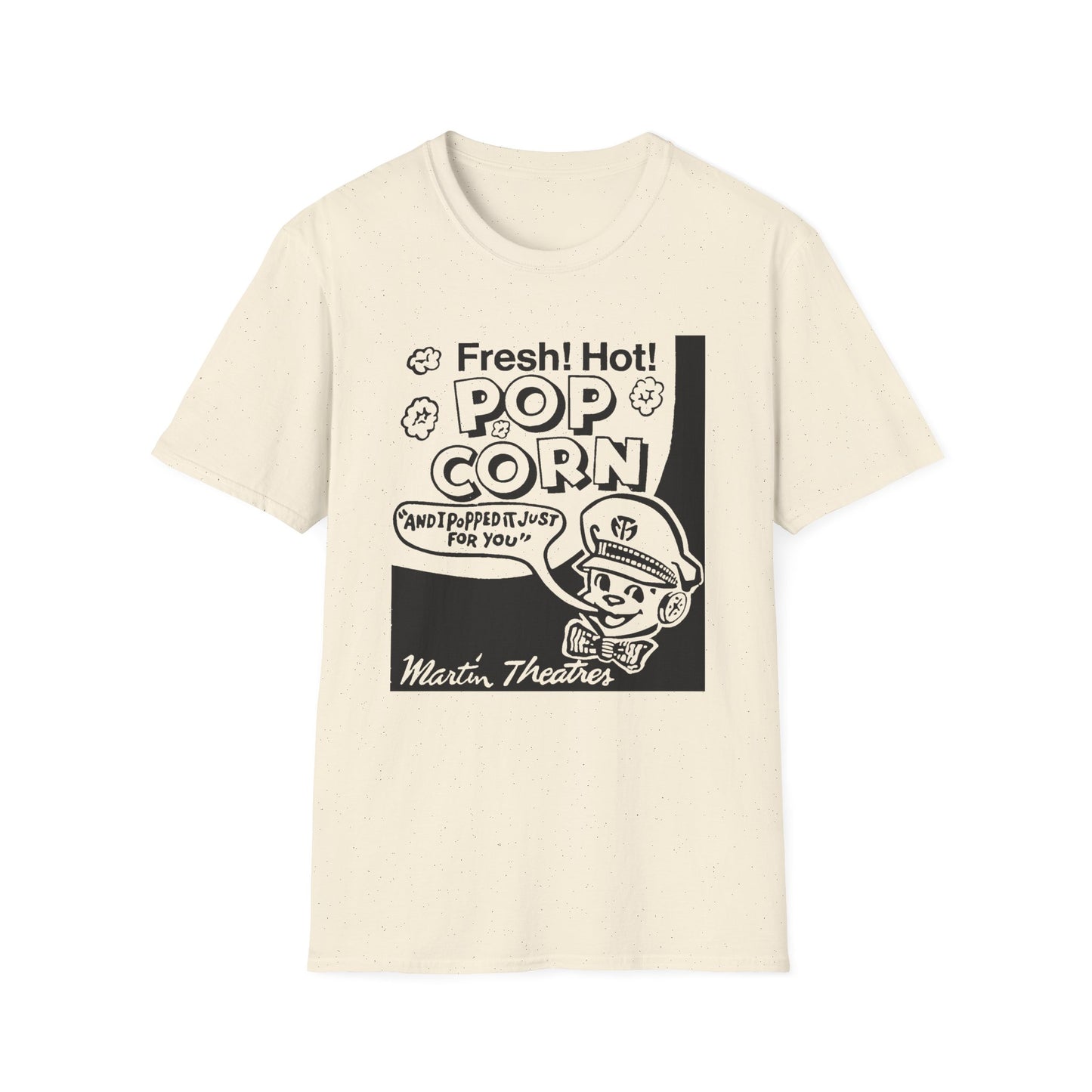 1940s popcorn box logo for martin theatres with a cute little popcorn mascot tshirt