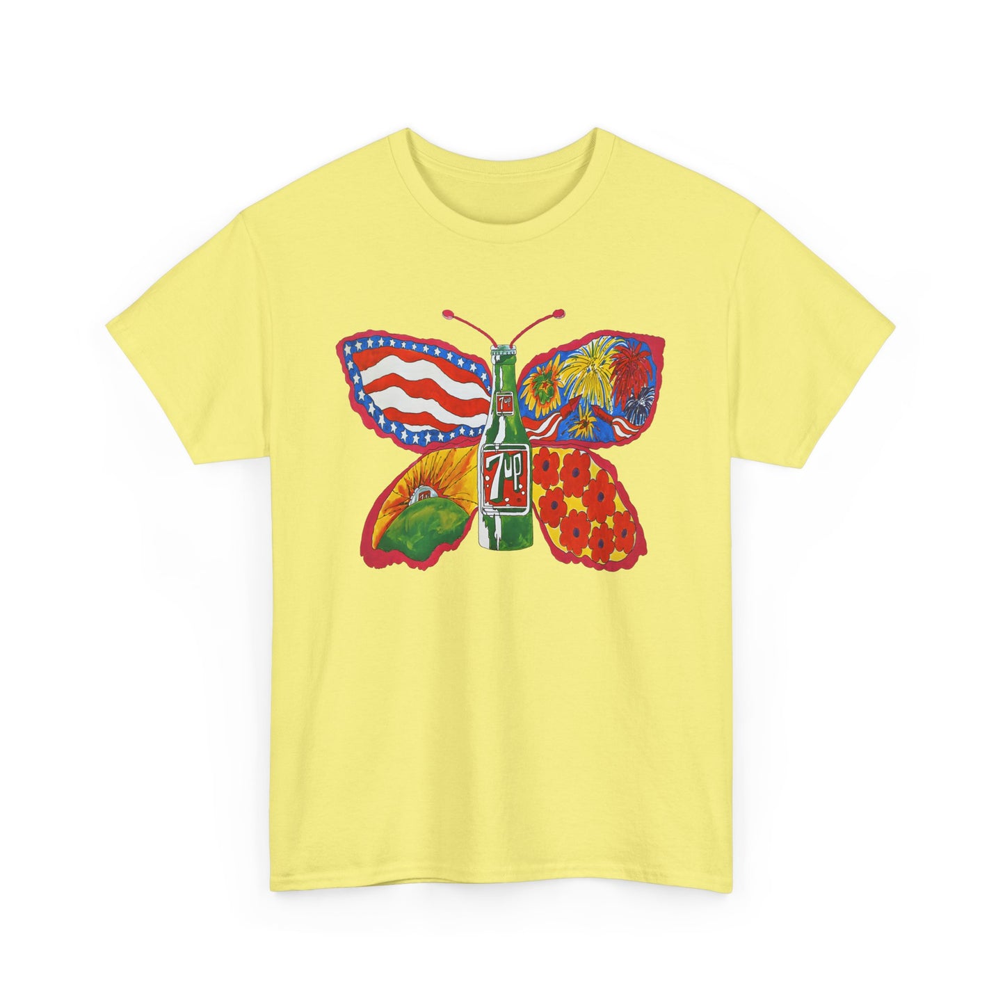 1971 psychedelic ad for 7 up butterfly and bottle reproduction custom edit tshirt