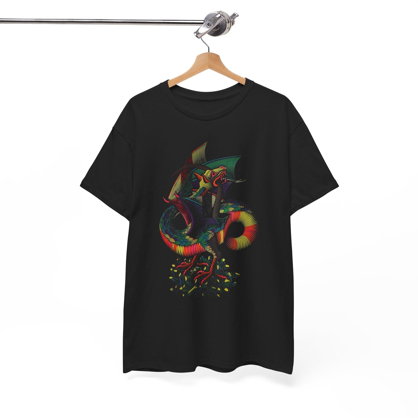 m.c escher 1952 woodcut dragon colorized reproduction tshirt