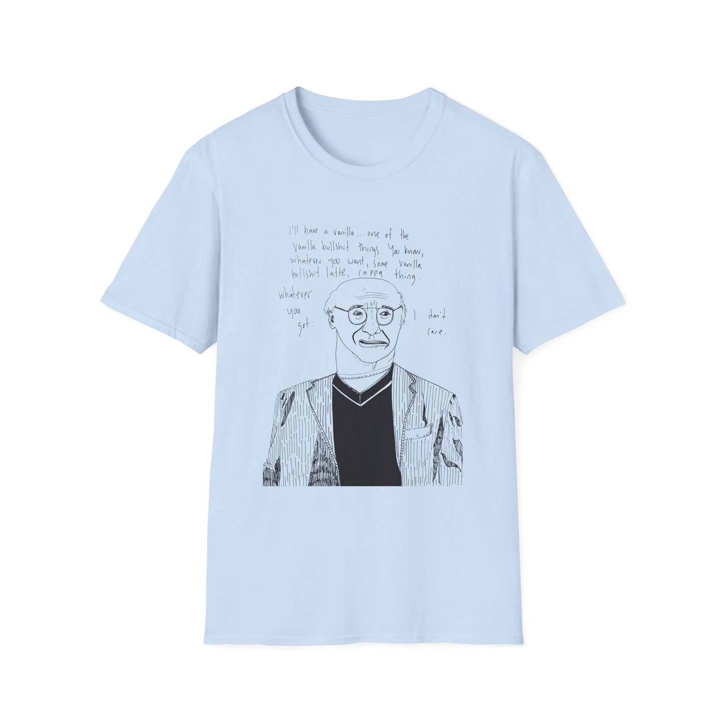 original drawing larry david ordering a vanilla latte bullshit thing on a tshirt