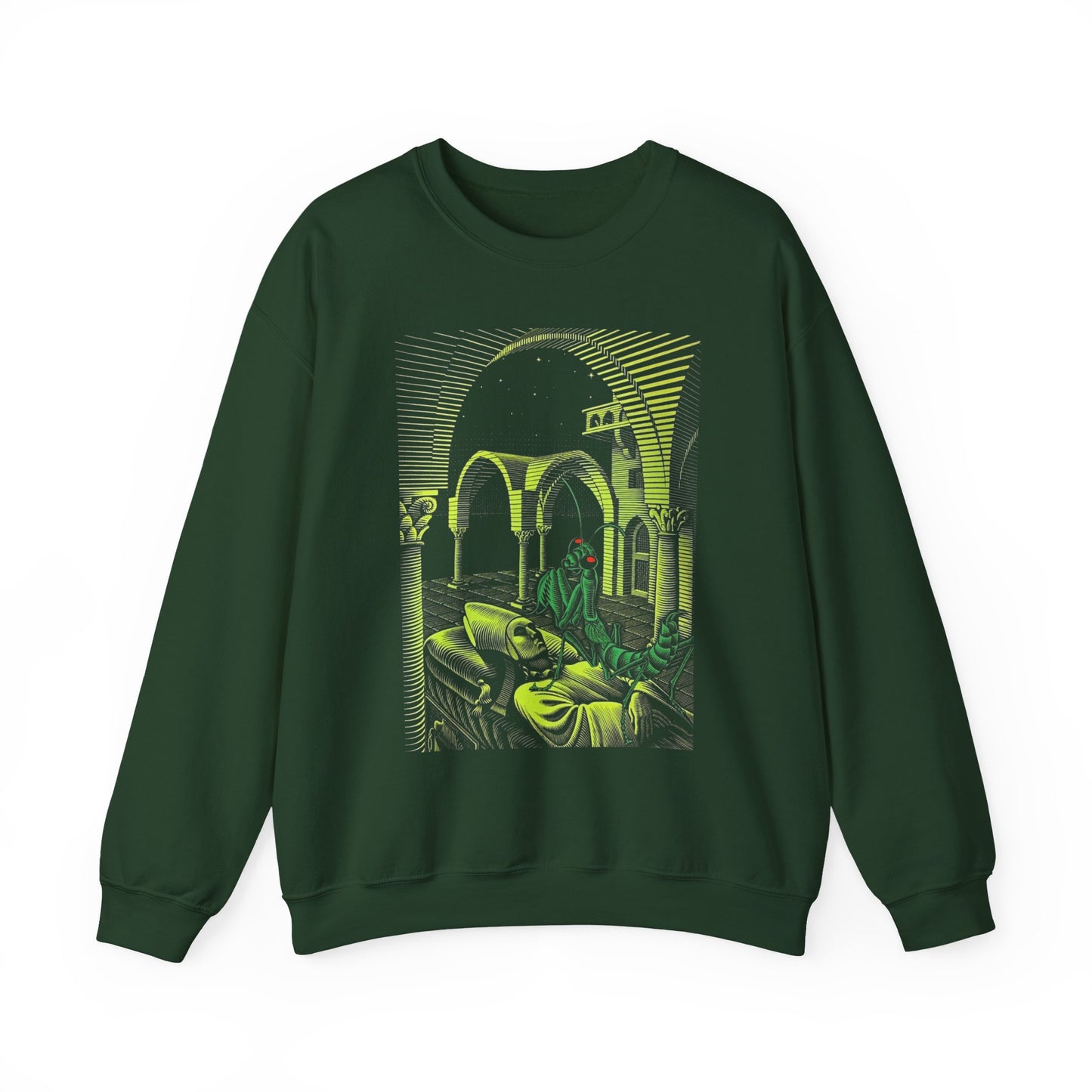 m.c escher dream (mantis religiosa) wood engraving (colorized) gildan 18000 sweatshirt
