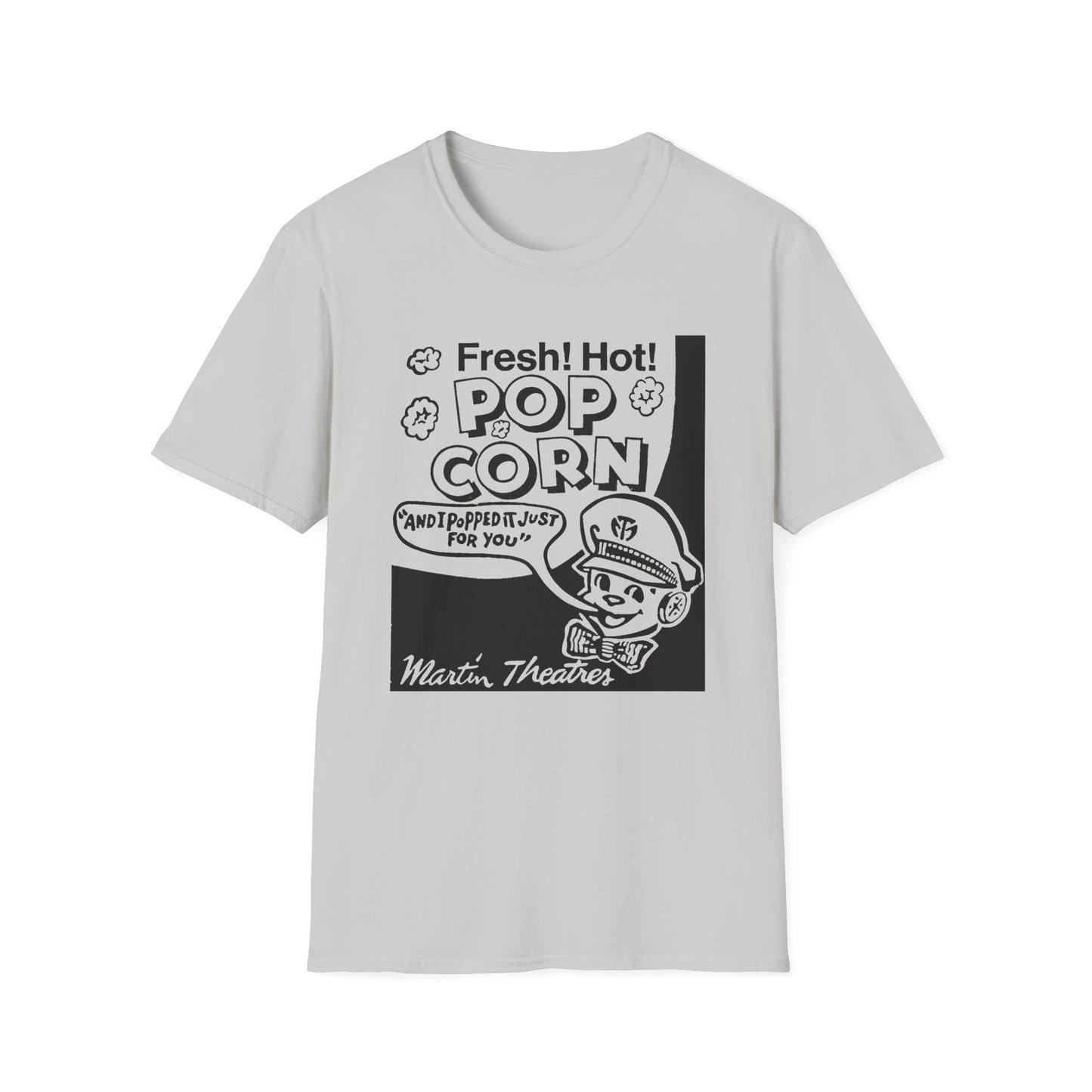 1940s popcorn box logo for martin theatres with a cute little popcorn mascot tshirt