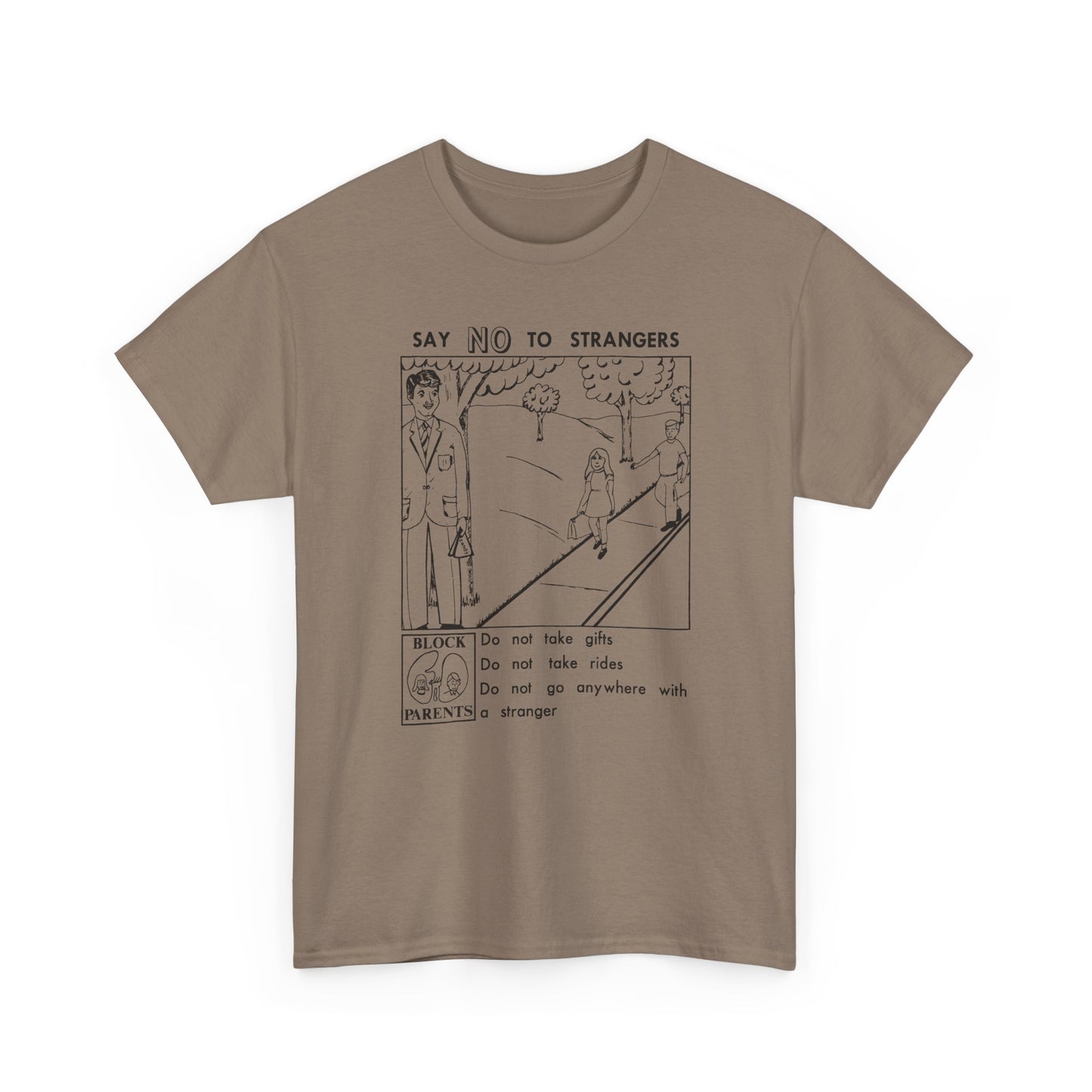 vintage block parents graphic say no to strangers reproduction tshirt
