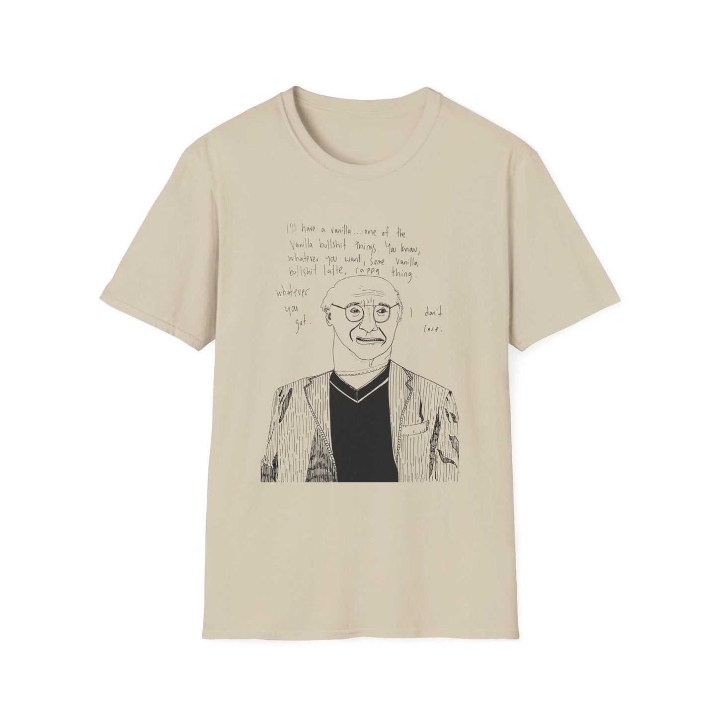 original drawing larry david ordering a vanilla latte bullshit thing on a tshirt