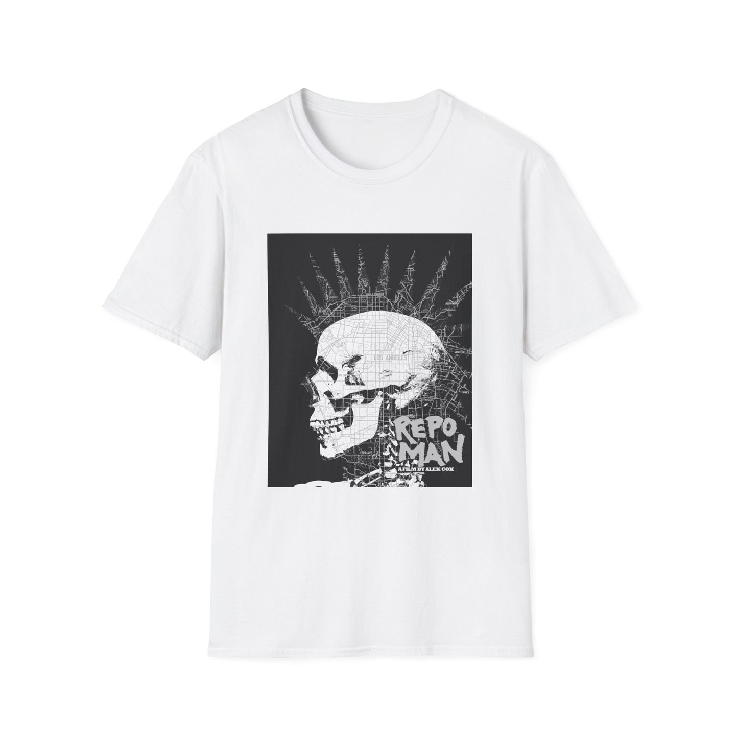 repo man skull punk in black and white tshirt
