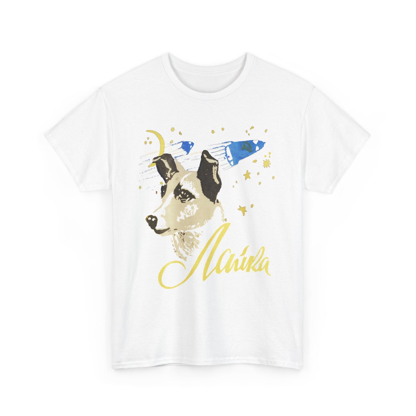 1950s laika the poor russian dog sent to space cigarette package graphic reproduction tshirt