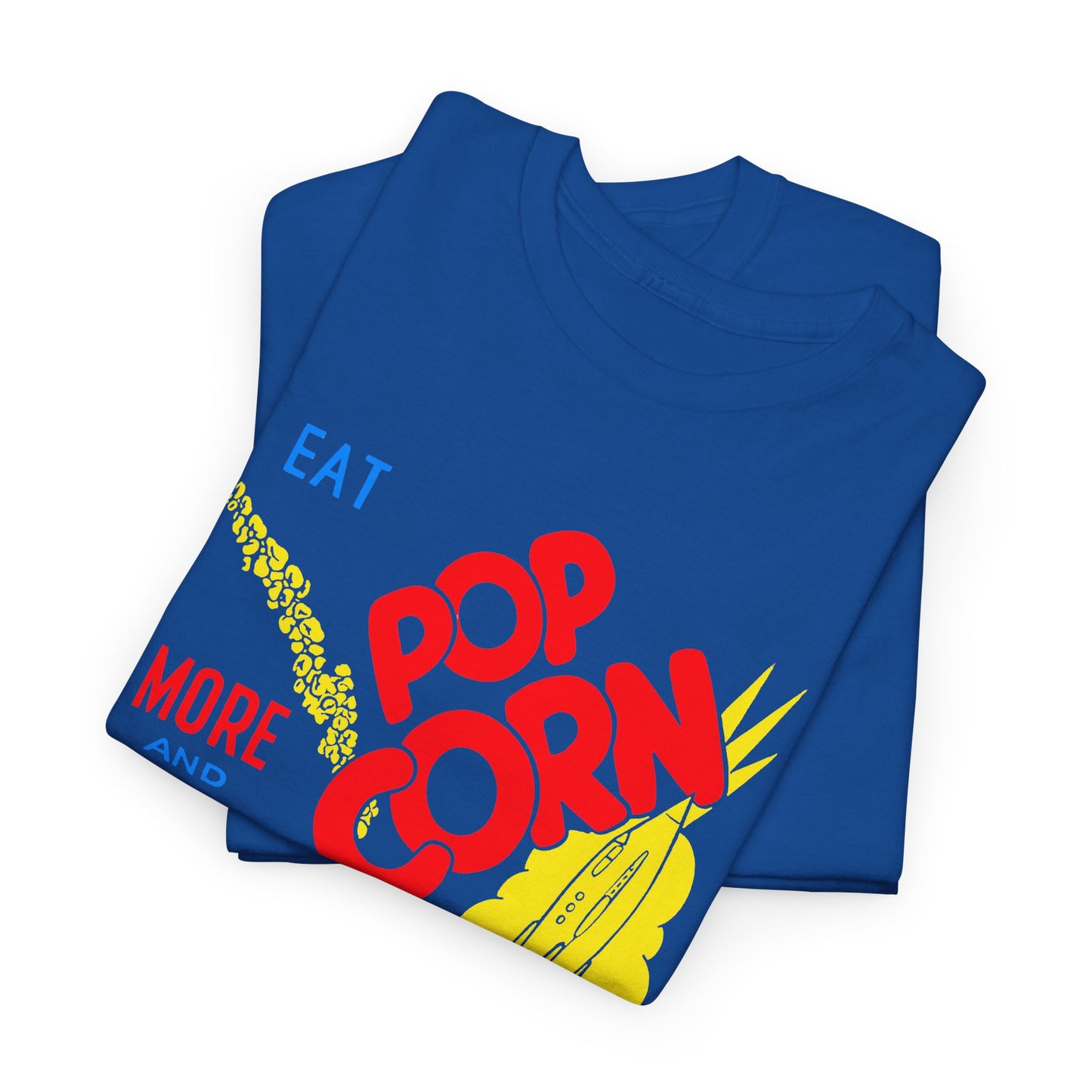 1950s coloured popcorn box logo eat popcorn more and more and more out of this world! tshirt