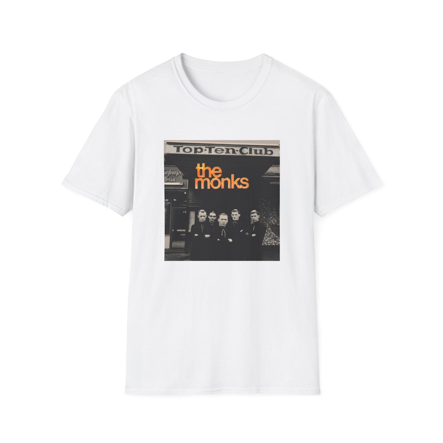 1960s experimental rock n roll band the monks in front of the top ten club tshirt