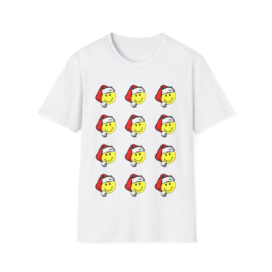 1980s sticker pack of happy face santas on a tshirt